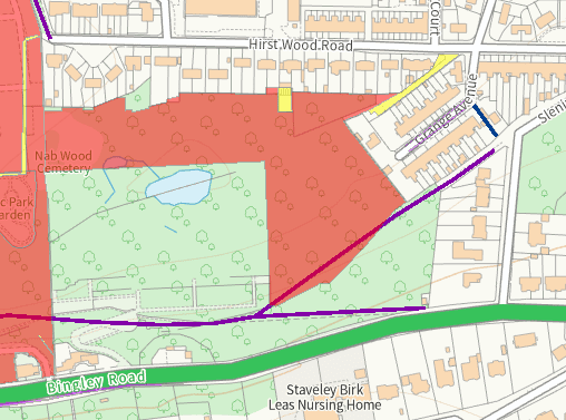 Simple map showing the outline of Hirst Wood
