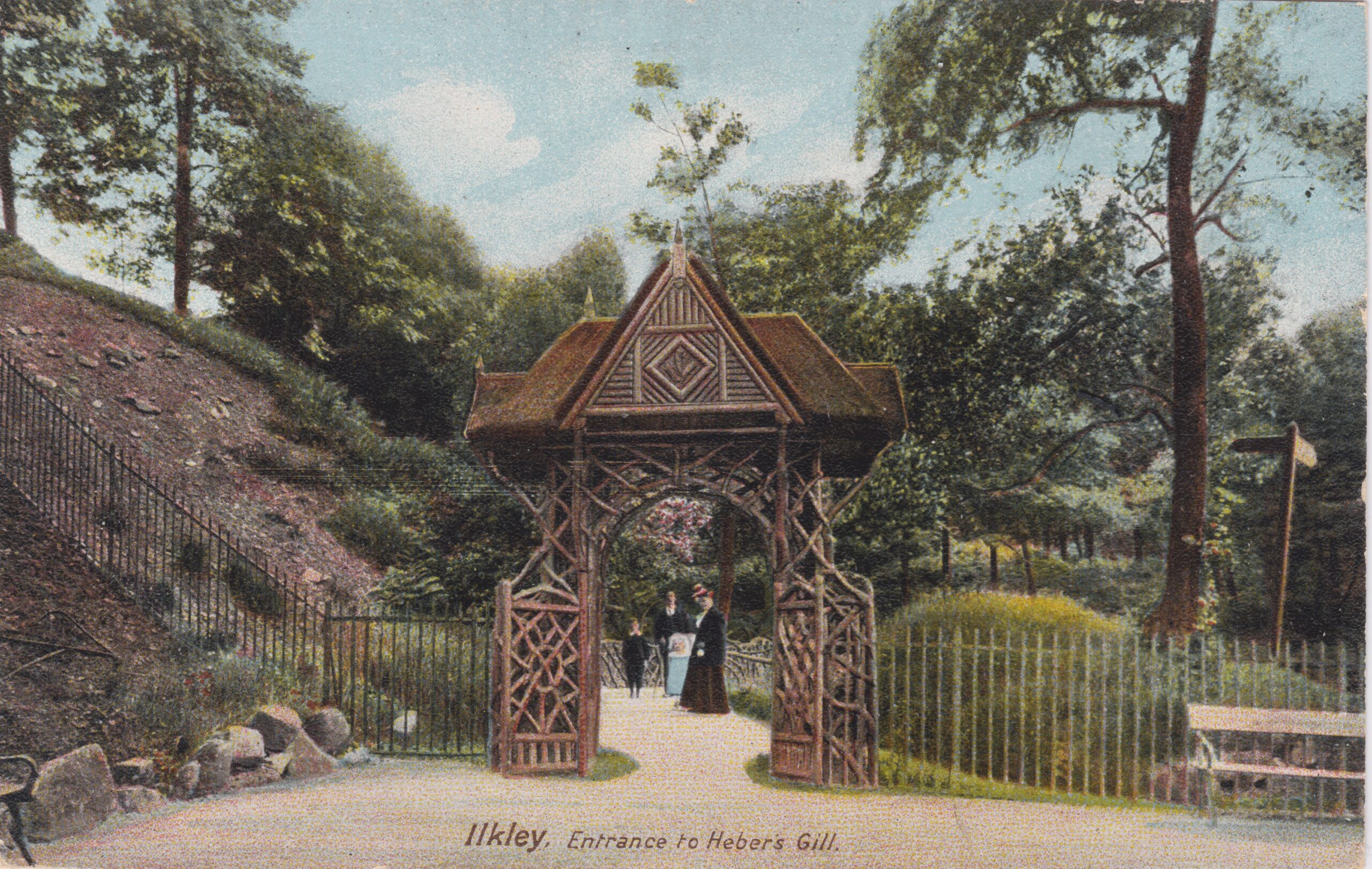 A view of the entrance to Heber's Ghyll in the 19th century with rustic pergola, a father, mother and child looking at the camera.